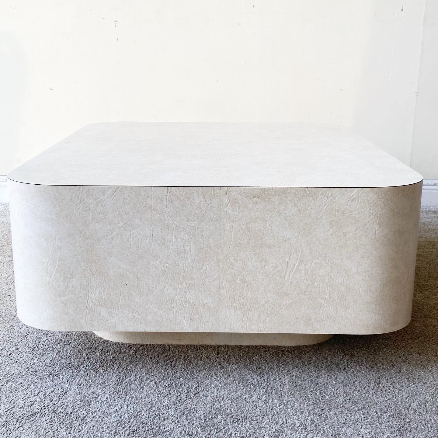 American Postmodern Faux Goatskin Vinyl Laminate Coffee Table with 2 Drawers, 1980s