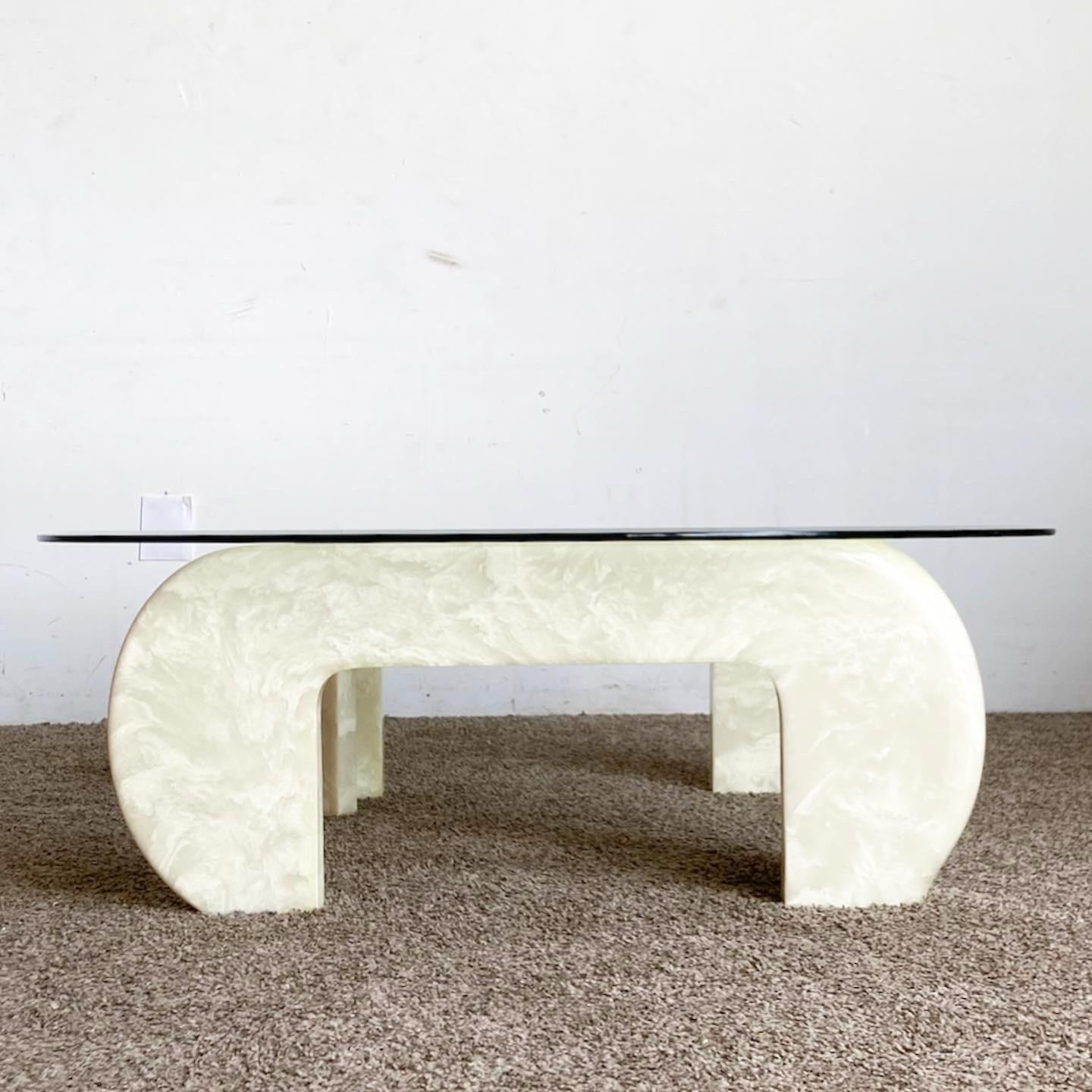 American Postmodern Faux Marble Fiberglass Glass Top Z Coffee Table For Sale