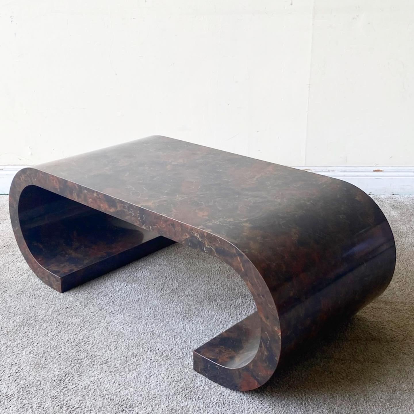 Post-Modern Postmodern Faux Marble Laminate Scroll Coffee Table, After Karl Springer
