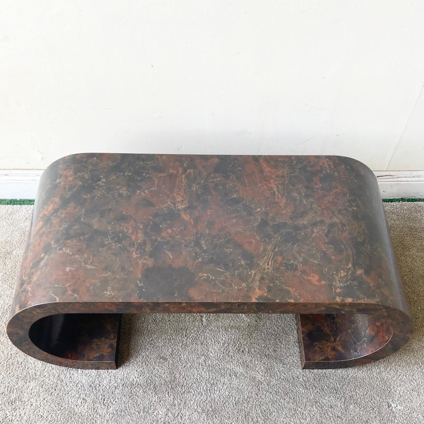 Postmodern Faux Marble Laminate Scroll Coffee Table, After Karl Springer In Good Condition In Delray Beach, FL