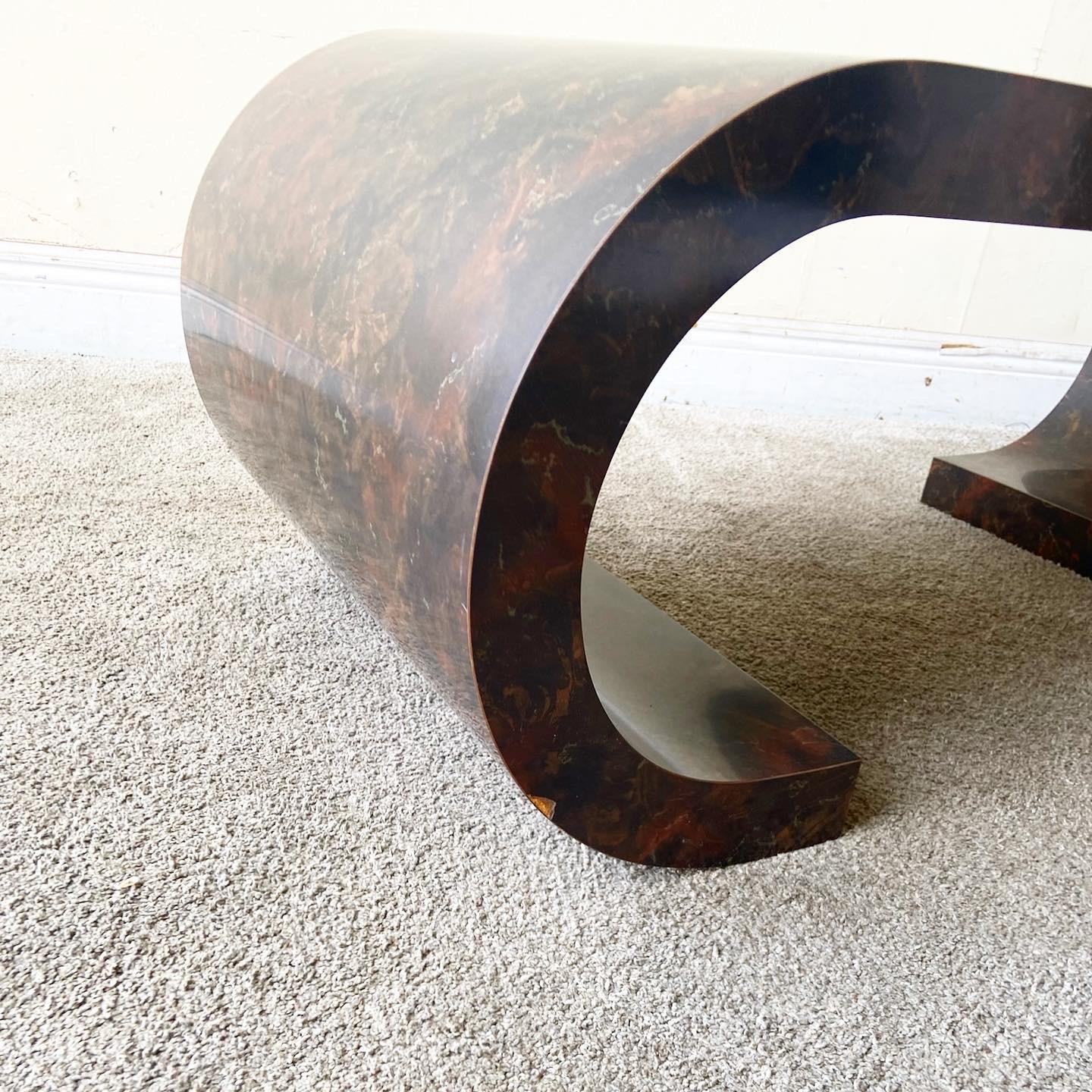 Late 20th Century Postmodern Faux Marble Laminate Scroll Coffee Table, After Karl Springer