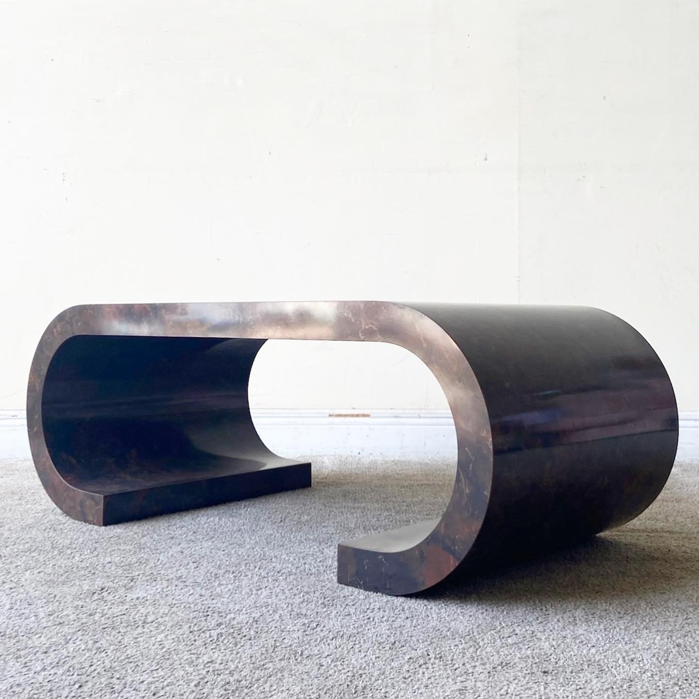 Postmodern Faux Marble Laminate Scroll Coffee Table, After Karl Springer 1