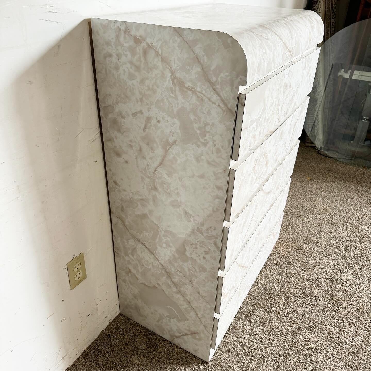 American Postmodern Faux Marble Laminate Waterfall Highboy Dresser