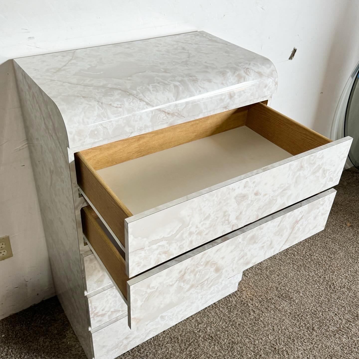 Wood Postmodern Faux Marble Laminate Waterfall Highboy Dresser
