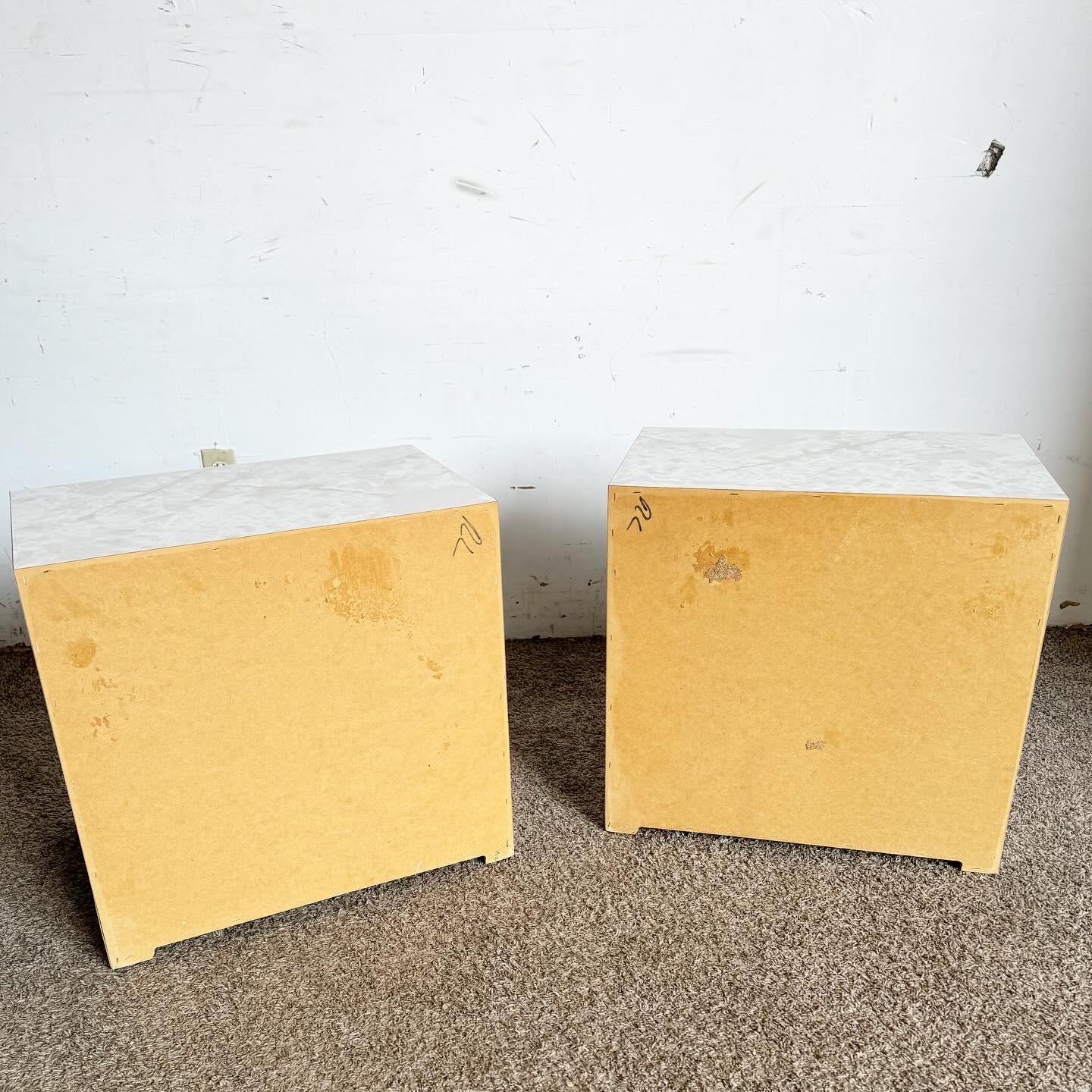 American Postmodern Faux Marble Laminate Waterfall Nightstands - a Pair For Sale