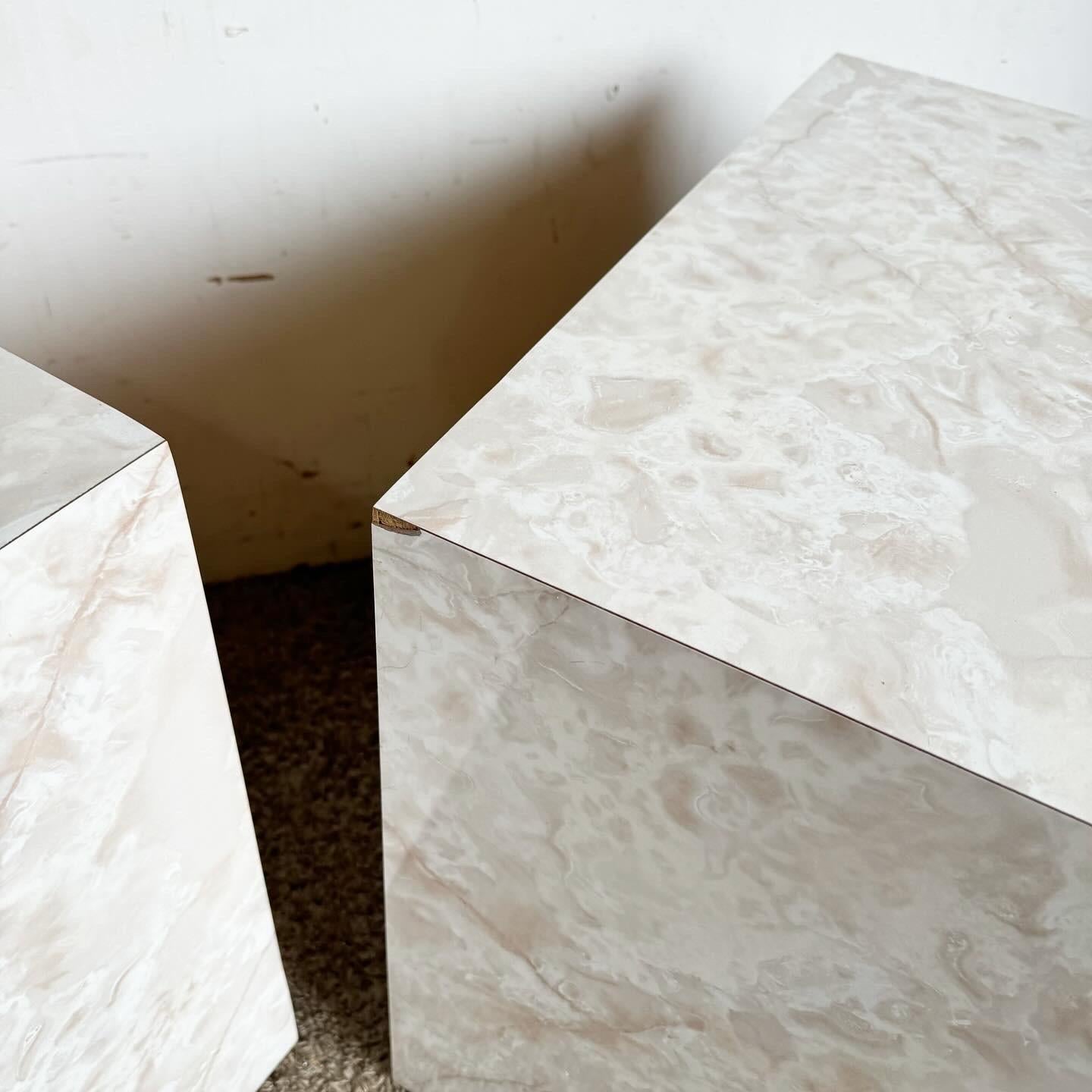 Postmodern Faux Marble Laminate Waterfall Nightstands - a Pair In Good Condition For Sale In Delray Beach, FL