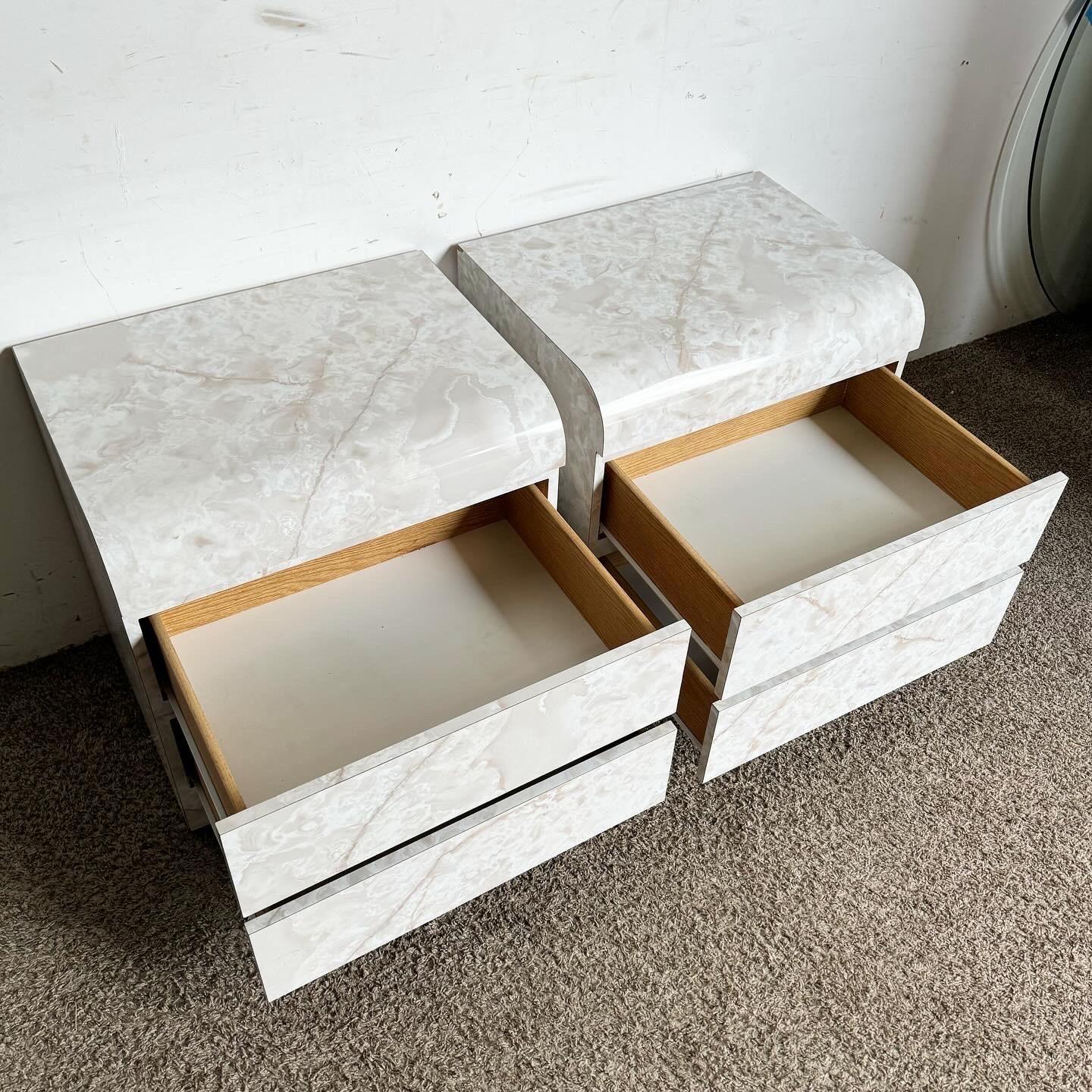Late 20th Century Postmodern Faux Marble Laminate Waterfall Nightstands - a Pair For Sale