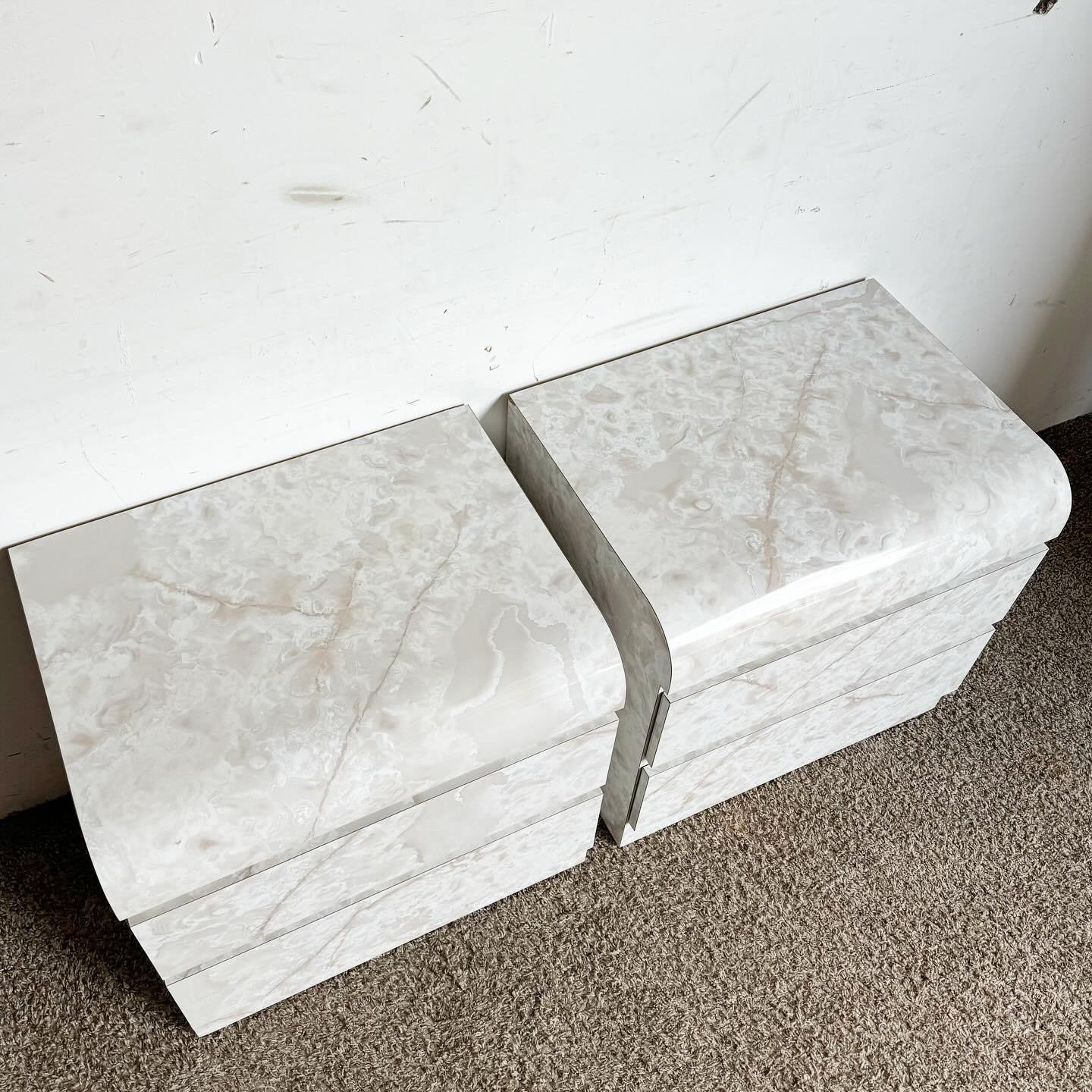 Wood Postmodern Faux Marble Laminate Waterfall Nightstands - a Pair For Sale