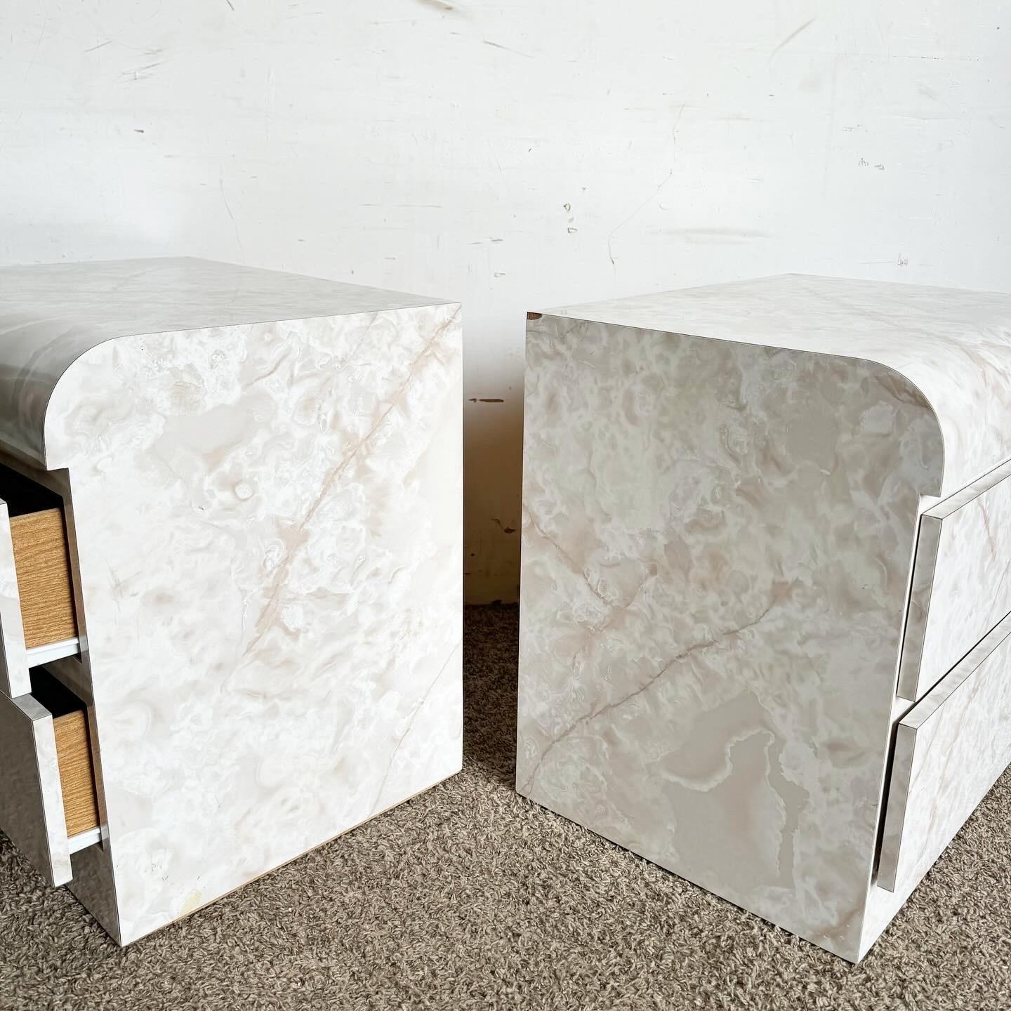 Postmodern Faux Marble Laminate Waterfall Nightstands - a Pair For Sale 1