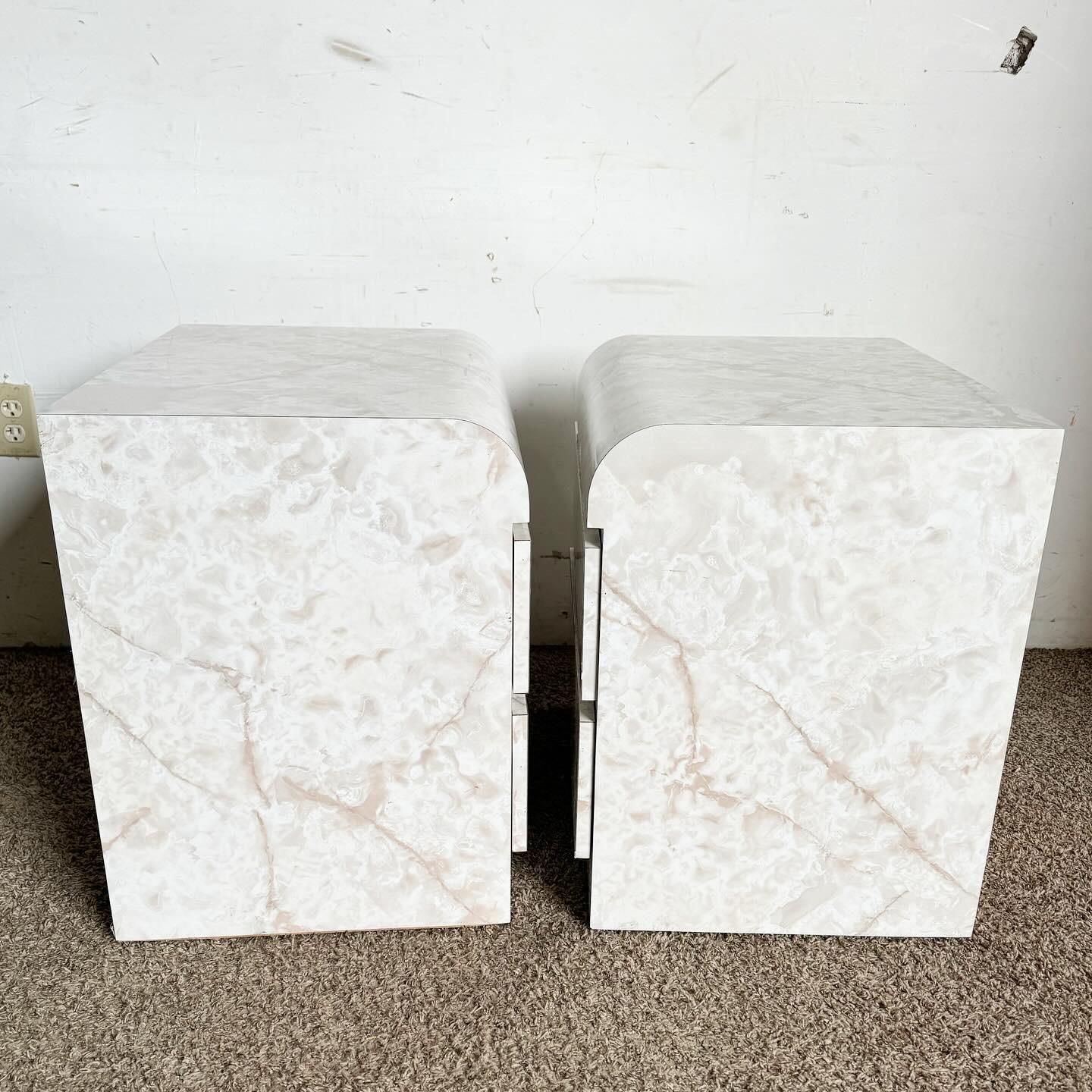 Postmodern Faux Marble Laminate Waterfall Nightstands - a Pair For Sale 2