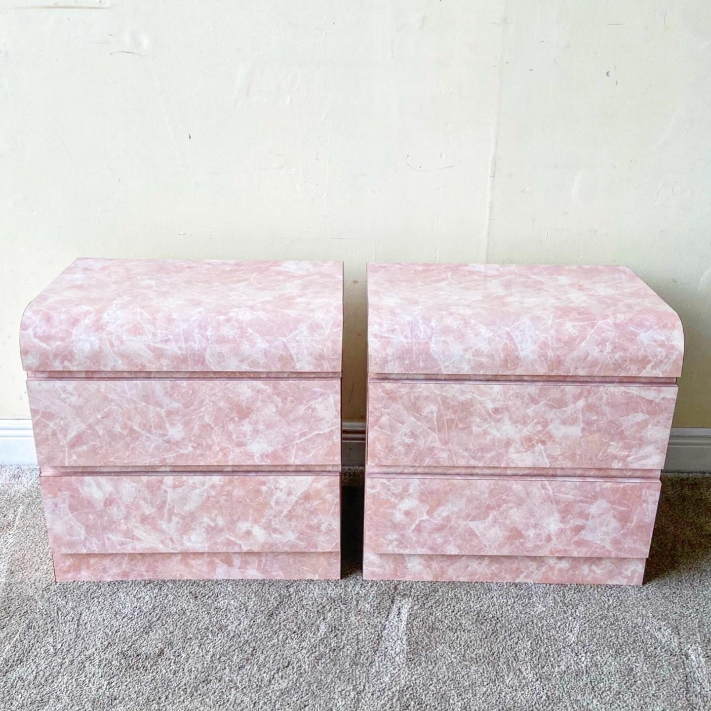 Post-Modern Postmodern Faux Pink Marble Laminate Waterfall Nightstands - a Pair