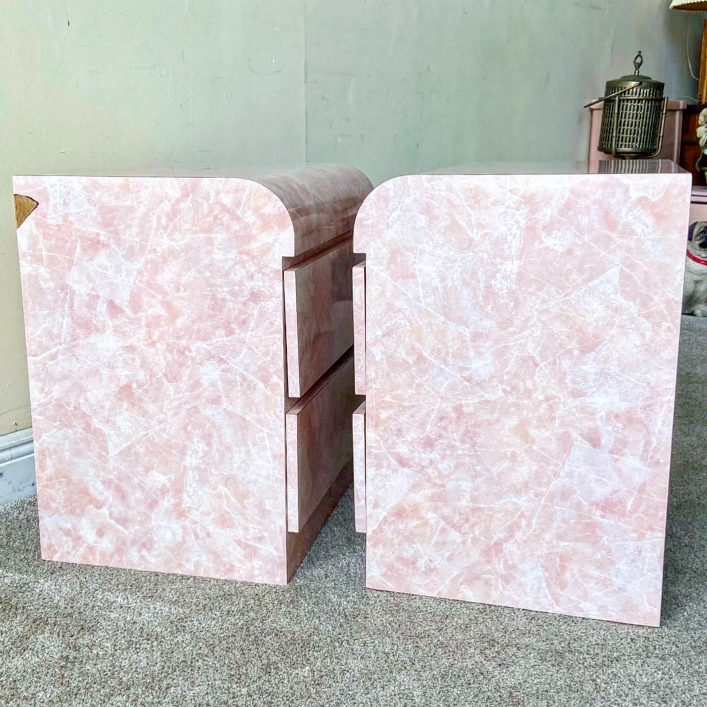 Postmodern Faux Pink Marble Laminate Waterfall Nightstands - a Pair In Good Condition In Delray Beach, FL