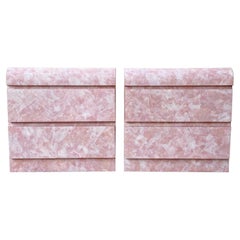 Postmodern Faux Pink Marble Laminate Waterfall Nightstands - a Pair