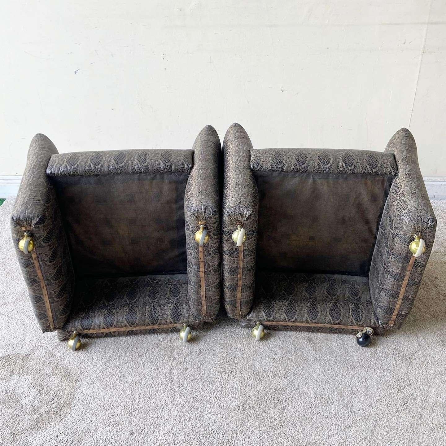 Postmodern Faux Snake Skin Upholstered Chiclet Arm Chairs on Wheels - a Pair 3