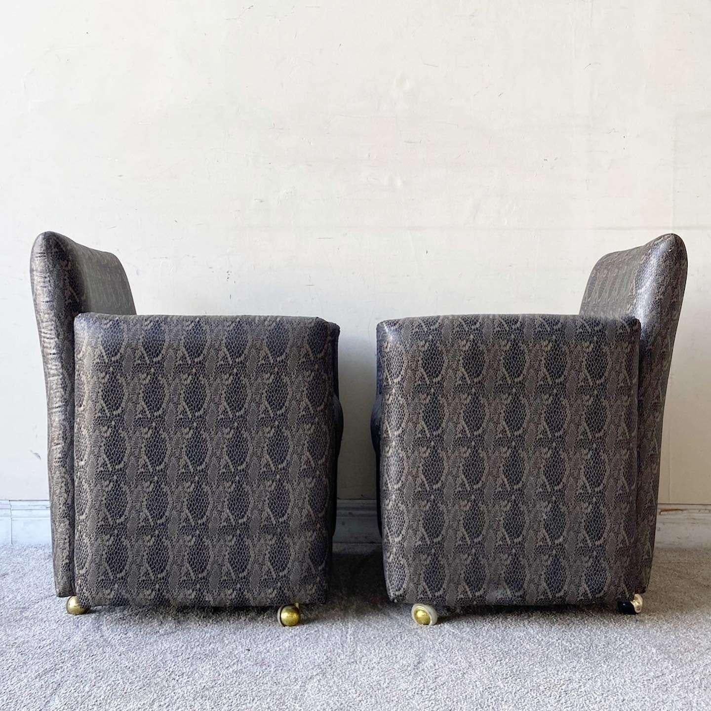 Post-Modern Postmodern Faux Snake Skin Upholstered Chiclet Arm Chairs on Wheels - a Pair
