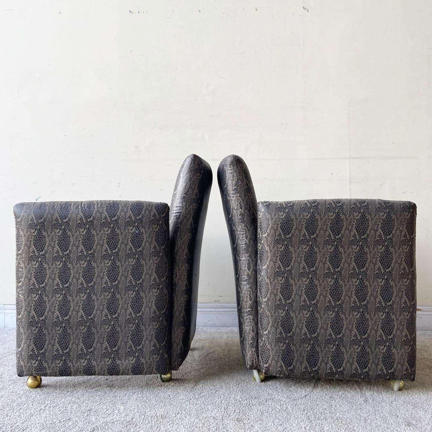 American Postmodern Faux Snake Skin Upholstered Chiclet Arm Chairs on Wheels - a Pair
