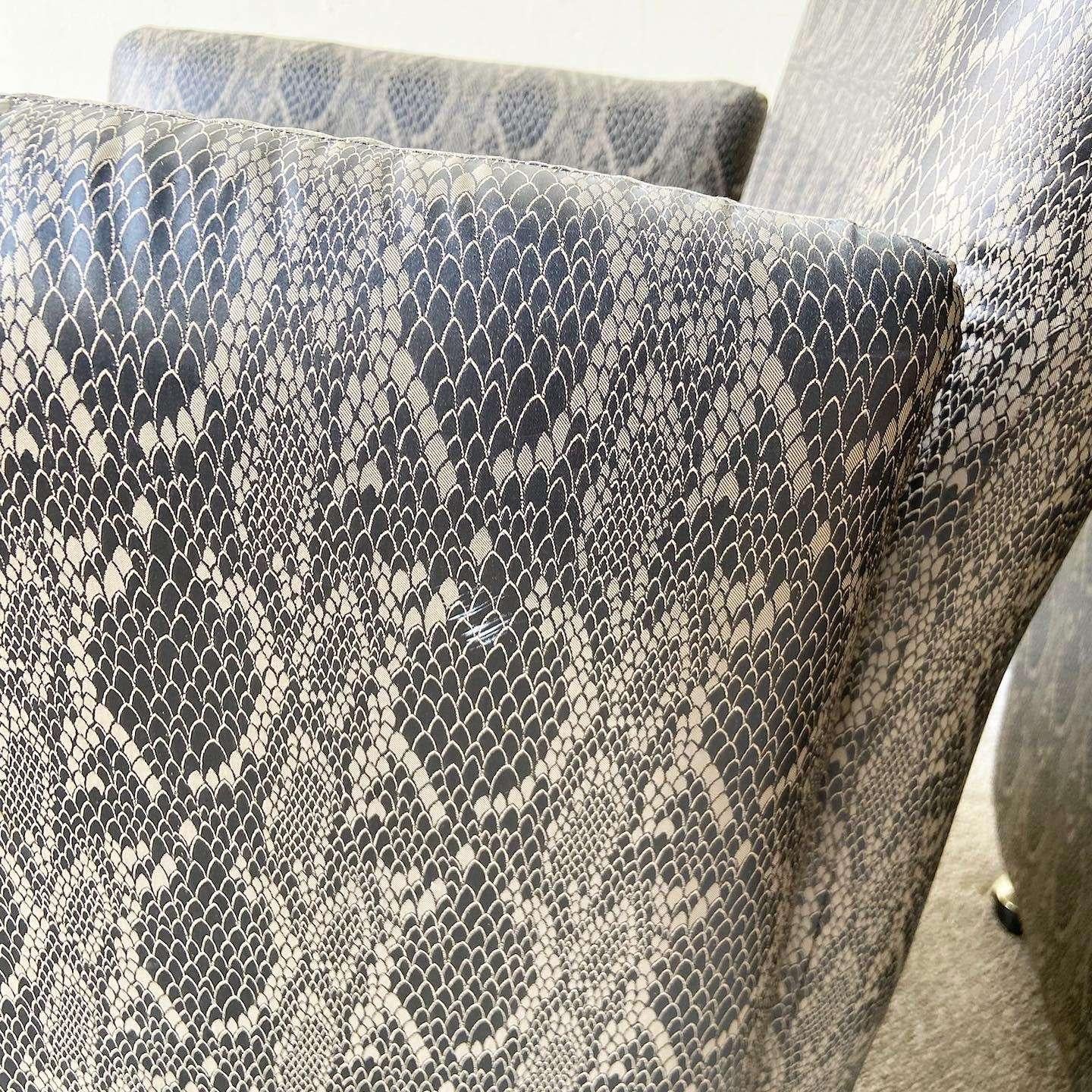 Postmodern Faux Snake Skin Upholstered Chiclet Arm Chairs on Wheels - a Pair In Good Condition In Delray Beach, FL