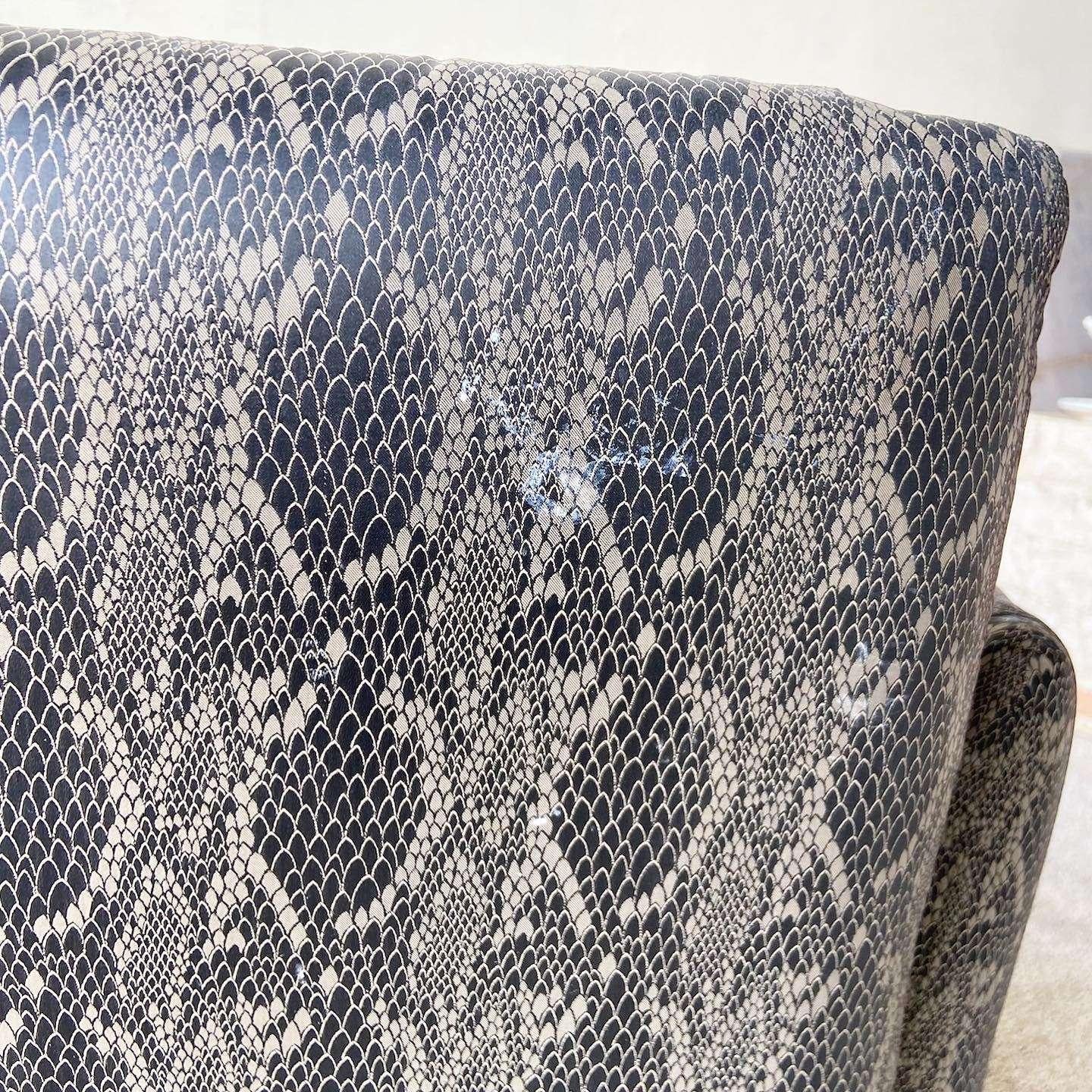Late 20th Century Postmodern Faux Snake Skin Upholstered Chiclet Arm Chairs on Wheels - a Pair