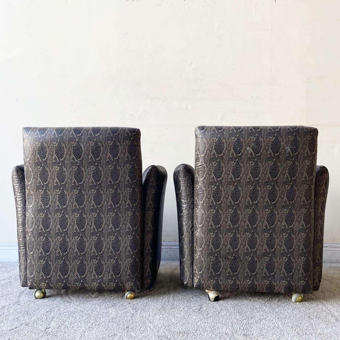 Upholstery Postmodern Faux Snake Skin Upholstered Chiclet Arm Chairs on Wheels - a Pair