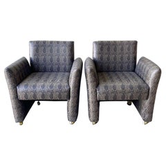 Vintage Postmodern Faux Snake Skin Upholstered Chiclet Arm Chairs on Wheels - a Pair