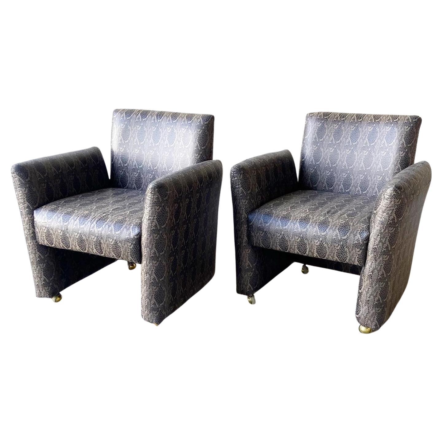 Postmodern Faux Snake Skin Upholstered Chiclet Arm Chairs on Wheels, a Pair