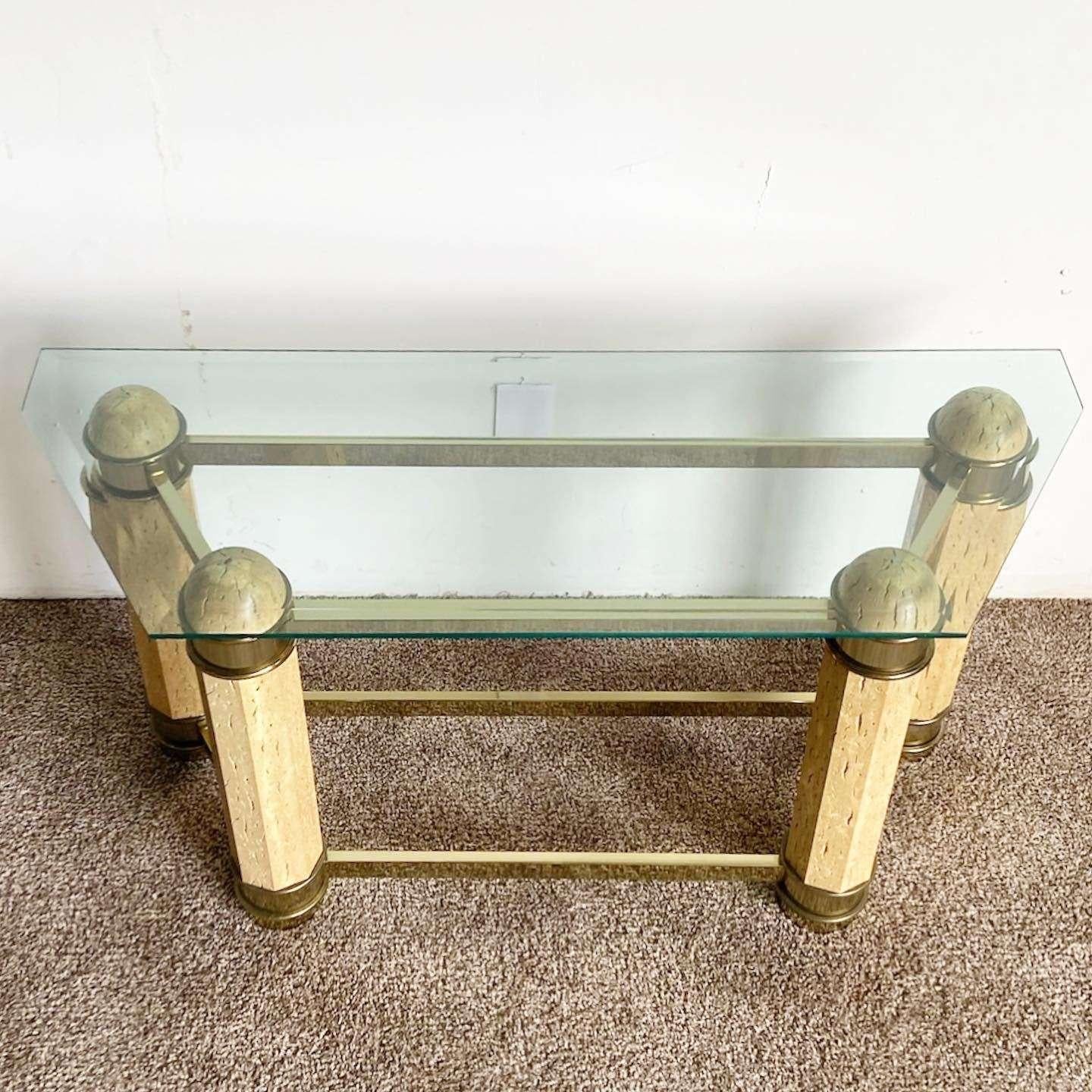 Post-Modern Postmodern Faux Stone and Brass Glass Top Console Table For Sale