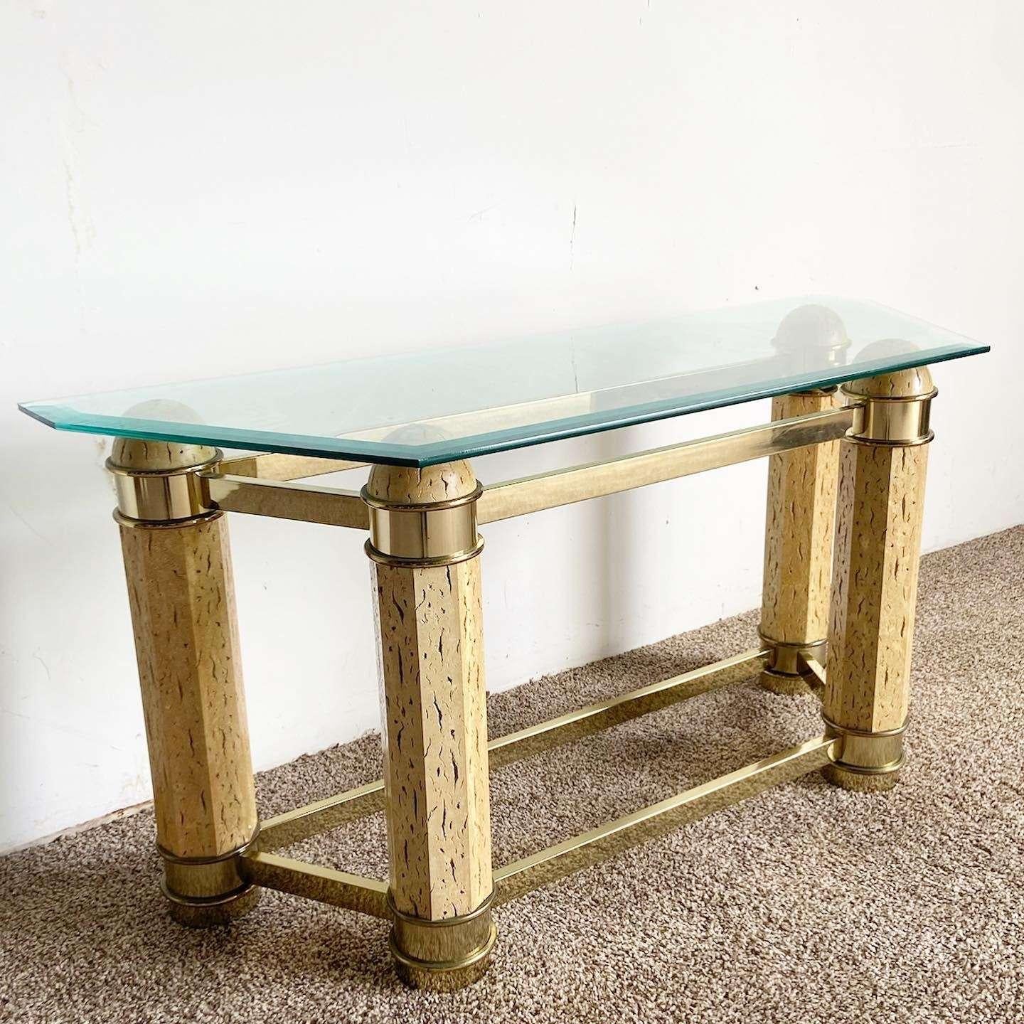 Postmodern Faux Stone and Brass Glass Top Console Table In Good Condition For Sale In Delray Beach, FL
