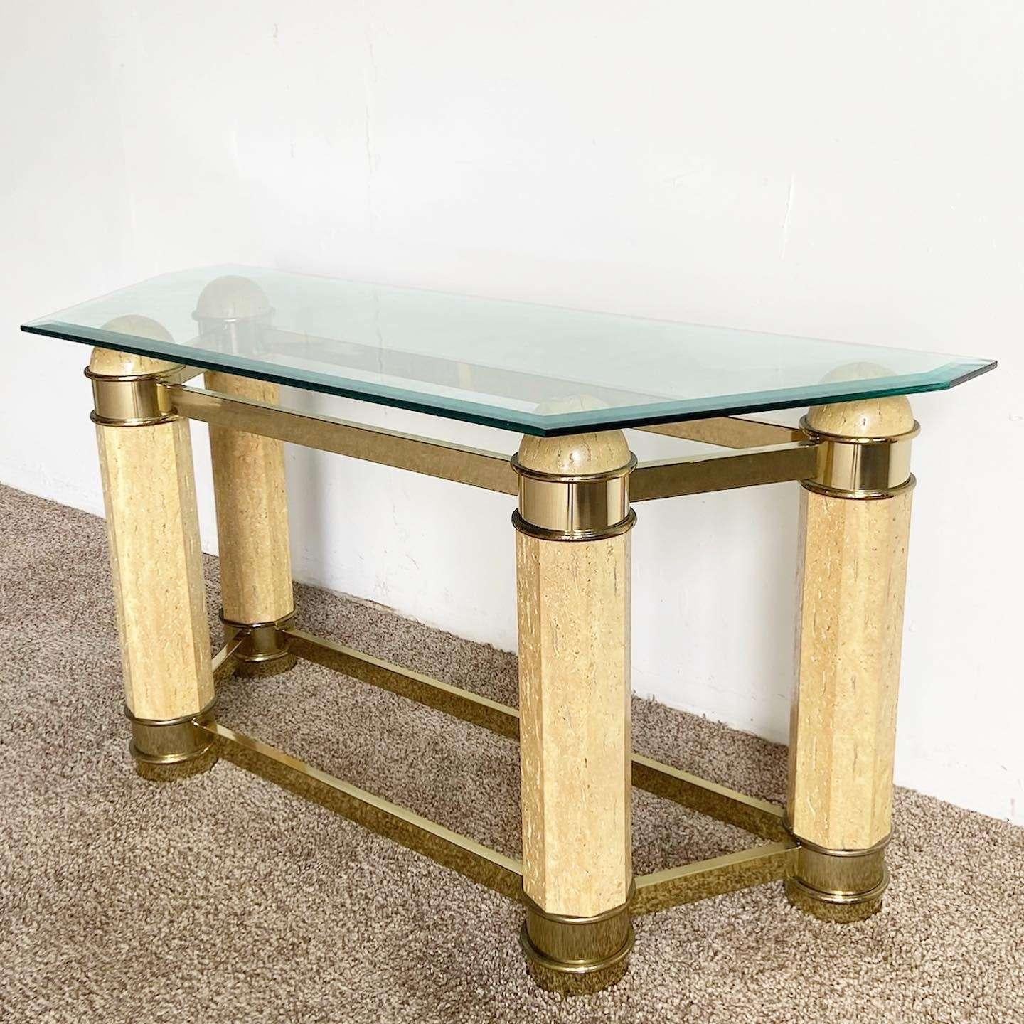 Late 20th Century Postmodern Faux Stone and Brass Glass Top Console Table For Sale