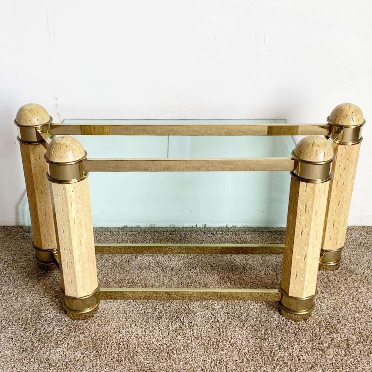 Metal Postmodern Faux Stone and Brass Glass Top Console Table For Sale