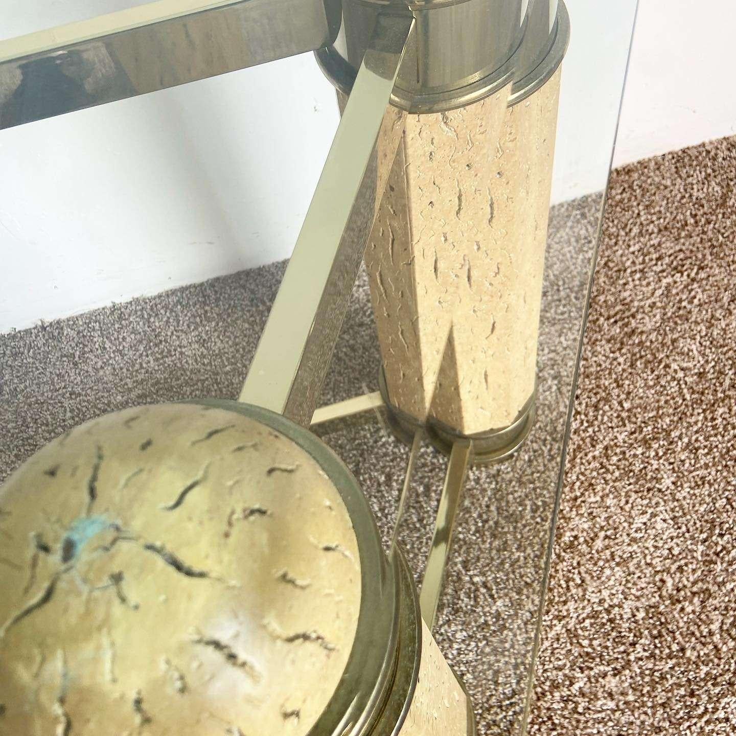 Postmodern Faux Stone and Brass Glass Top Console Table For Sale 1