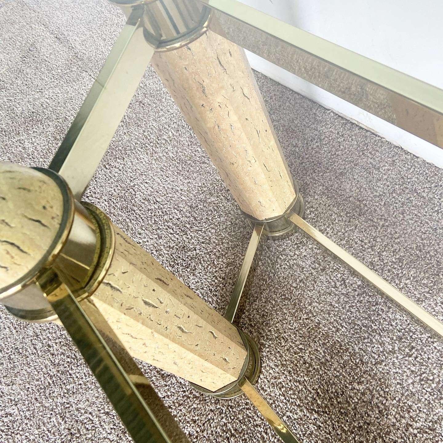 Postmodern Faux Stone and Brass Glass Top Console Table For Sale 2