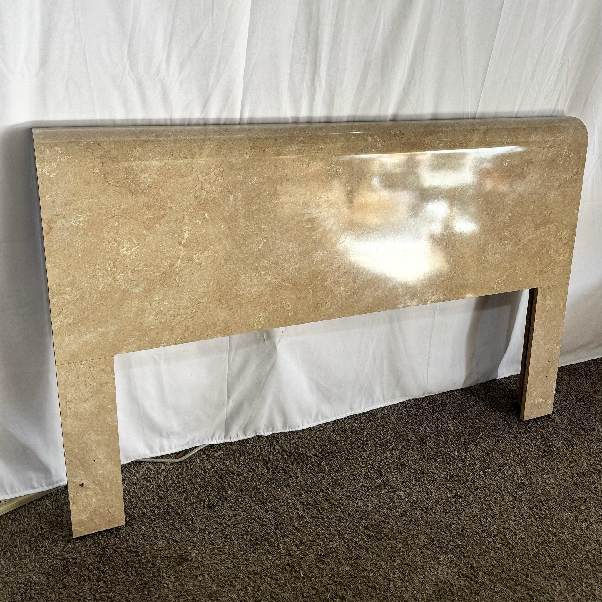 Postmodern Faux Tan/Beige Marble Laminate Waterfall Queen Headboard In Good Condition For Sale In Delray Beach, FL