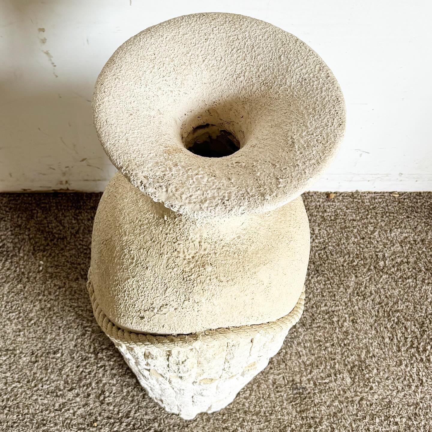 Post-Modern Postmodern Faux Tessellated Stone Plaster Floor Vase With Sculpted Rope For Sale