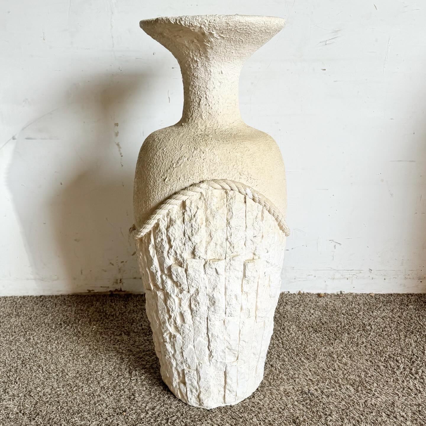 20th Century Postmodern Faux Tessellated Stone Plaster Floor Vase With Sculpted Rope For Sale