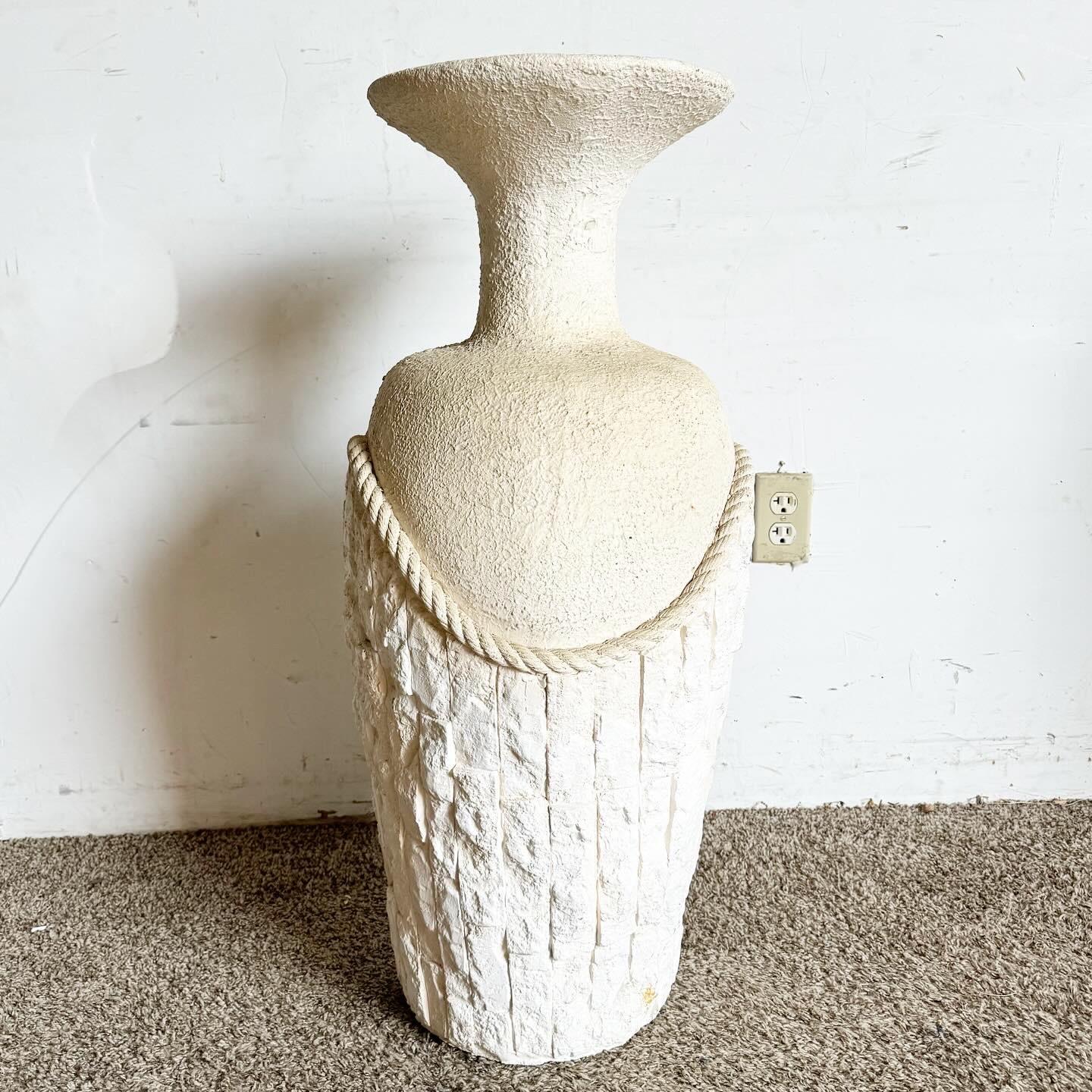 Postmodern Faux Tessellated Stone Plaster Floor Vase With Sculpted Rope For Sale 2