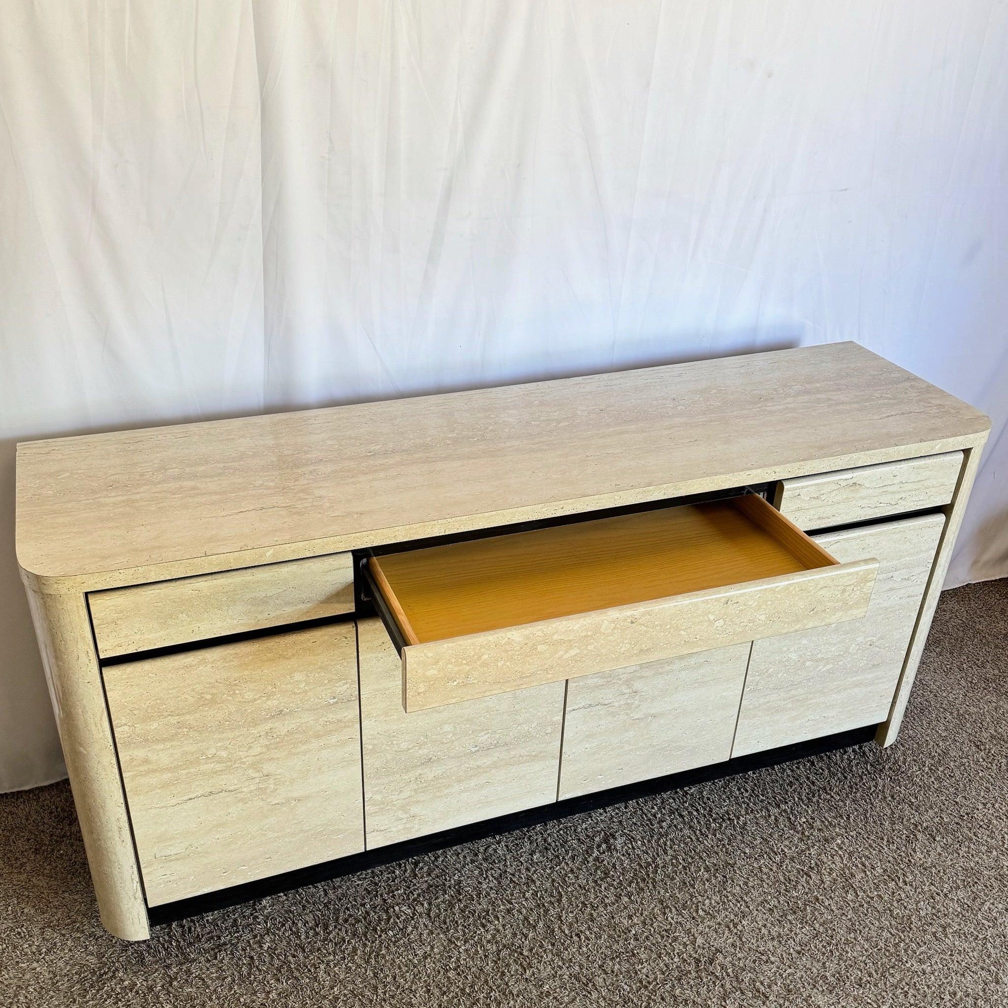Postmodern Faux Travertine and Black Laminate Credenza For Sale 4