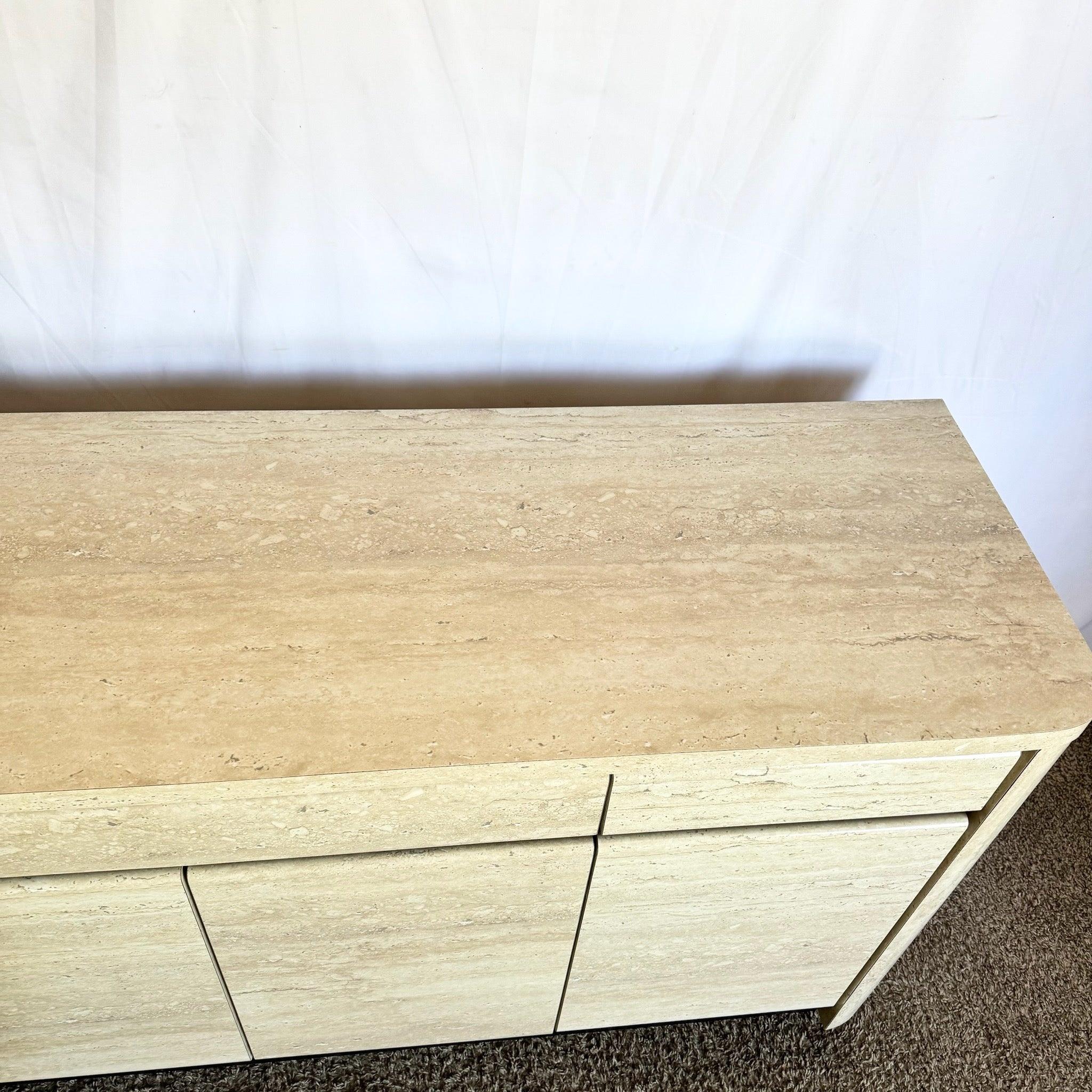 Late 20th Century Postmodern Faux Travertine and Black Laminate Credenza For Sale