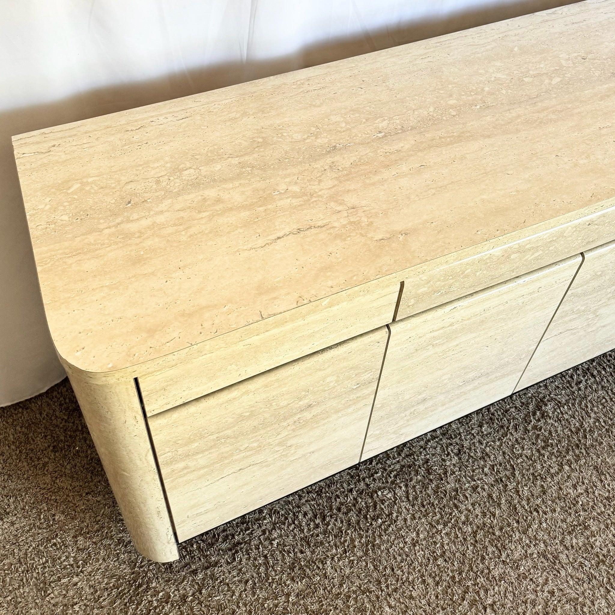 Wood Postmodern Faux Travertine and Black Laminate Credenza For Sale
