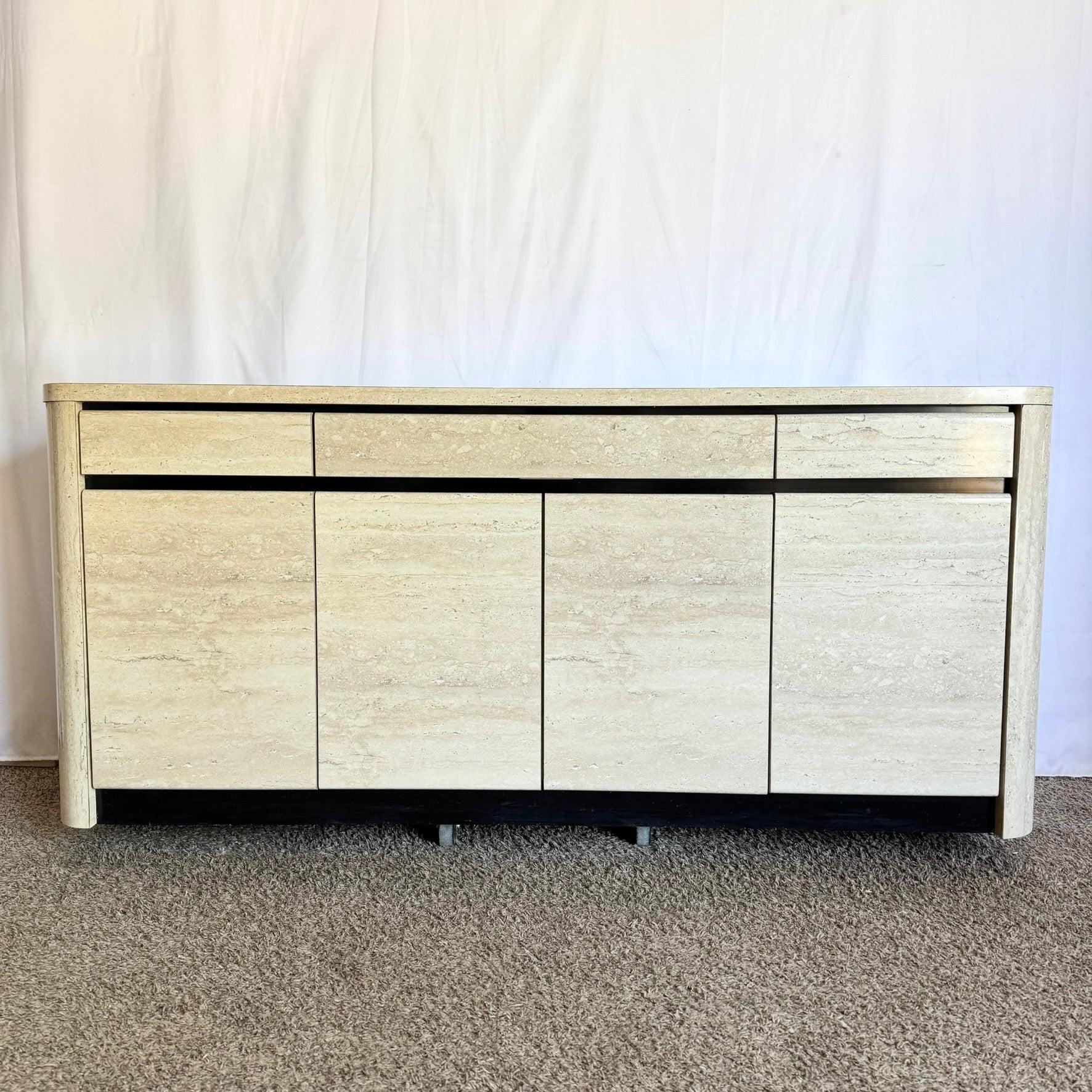 Postmodern Faux Travertine and Black Laminate Credenza For Sale 2
