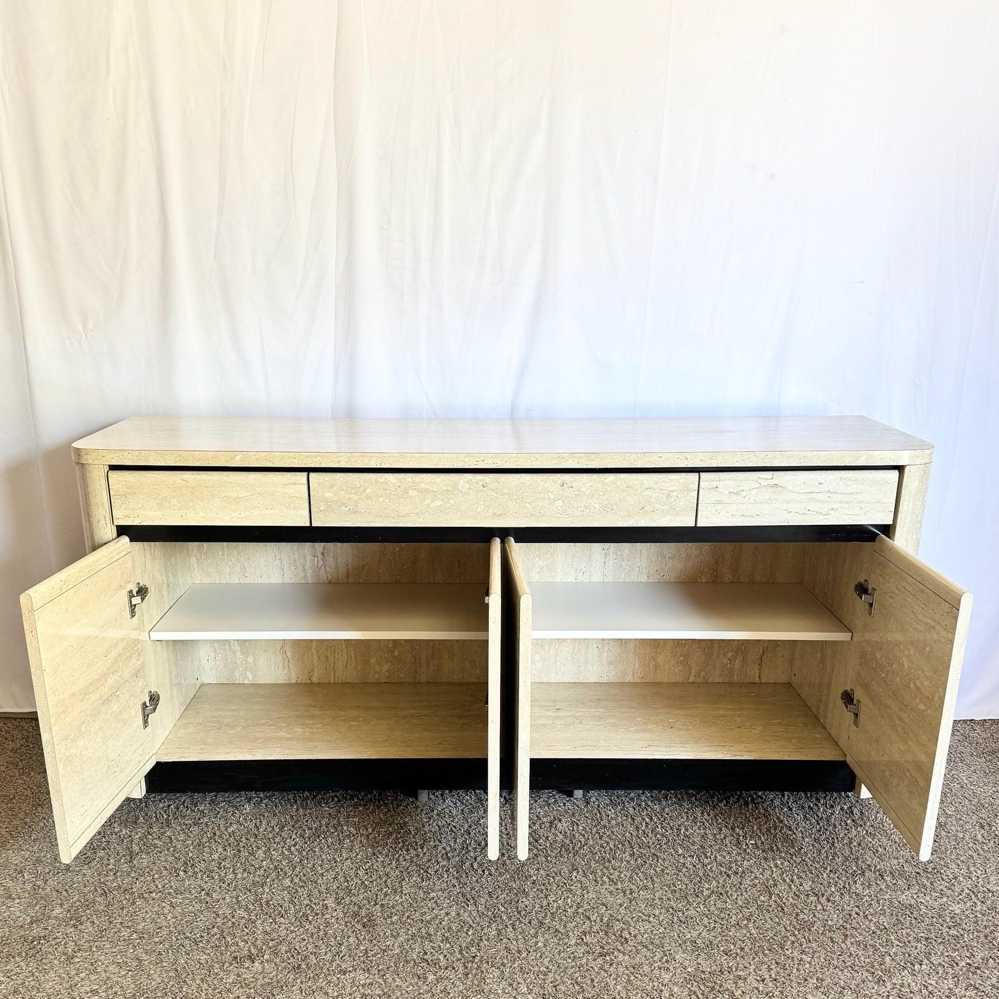 Postmodern Faux Travertine and Black Laminate Credenza For Sale 3