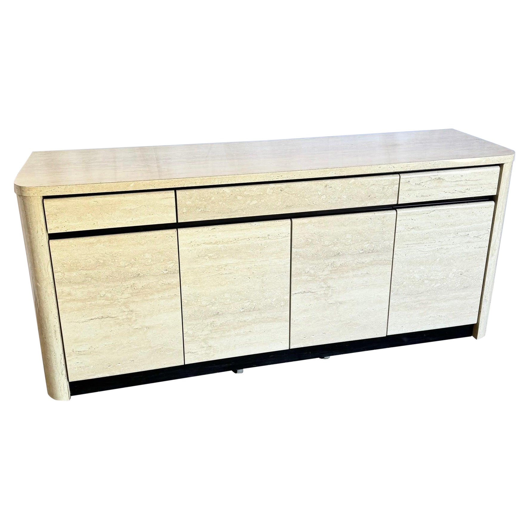 Postmodern Faux Travertine and Black Laminate Credenza For Sale