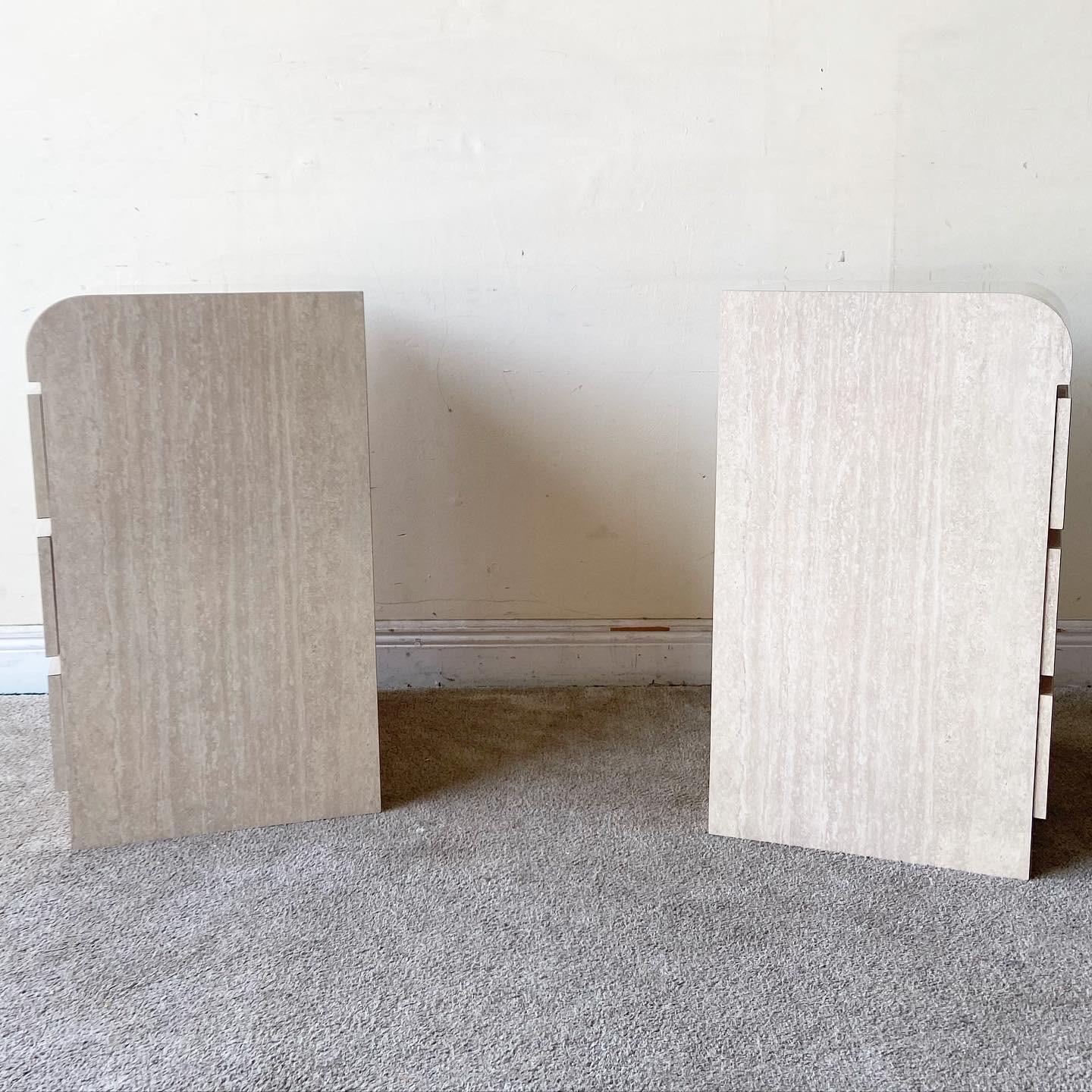 Postmodern Faux Travertine Gloss Laminate Nightstands, a Pair In Good Condition In Delray Beach, FL