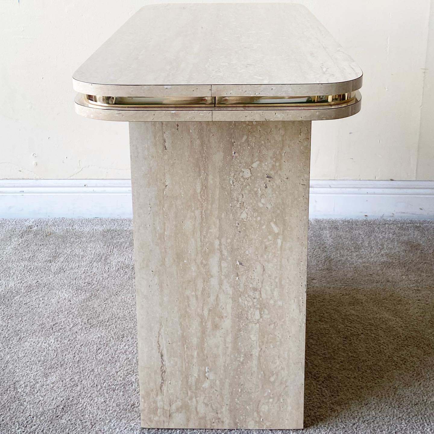 Amazing console table featuring a rectangular faux travertine laminate top with a faux travertine laminate base.

Additional information:
Material: Wood
Color: Beige, Brown, gold, tan
Style: Postmodern
Time Period: 1980s
Place of origin: