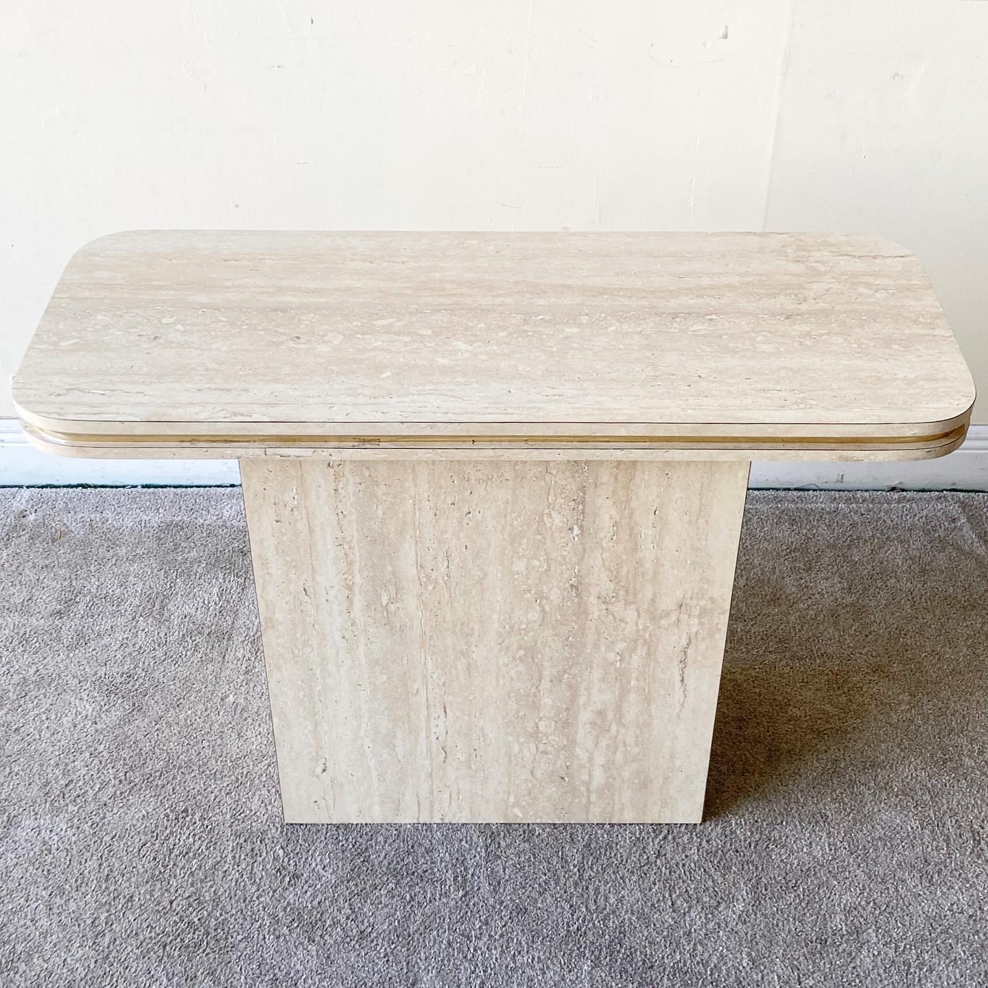 Post-Modern Postmodern Faux Travertine Laminate Console Table with Gold Trim For Sale