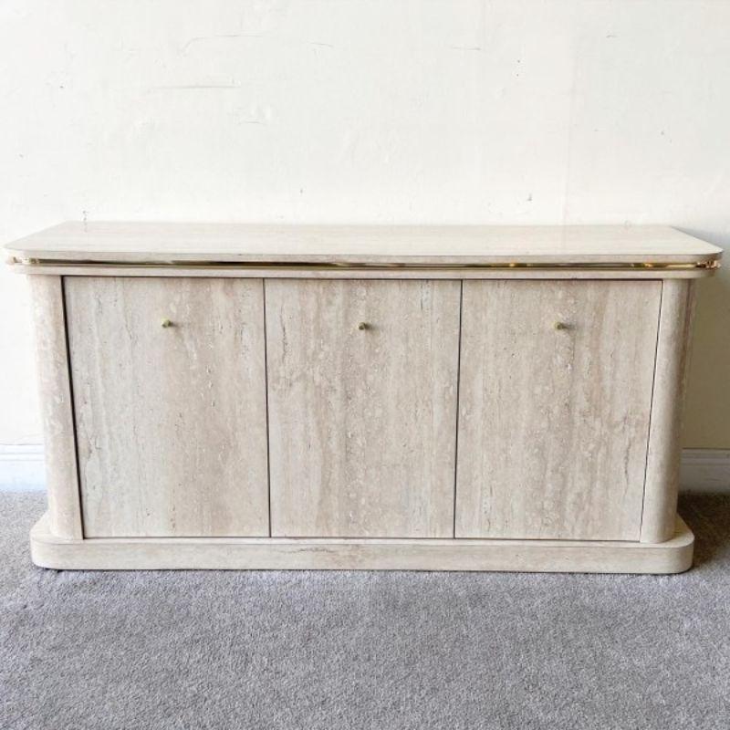 Post-Modern Postmodern Faux Travertine Laminate Credenza with Gold Trim For Sale