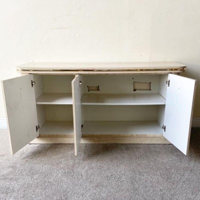 American Postmodern Faux Travertine Laminate Credenza with Gold Trim