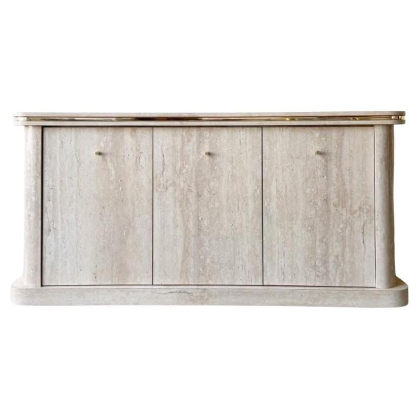 Postmodern Faux Travertine Laminate Credenza with Gold Trim For Sale