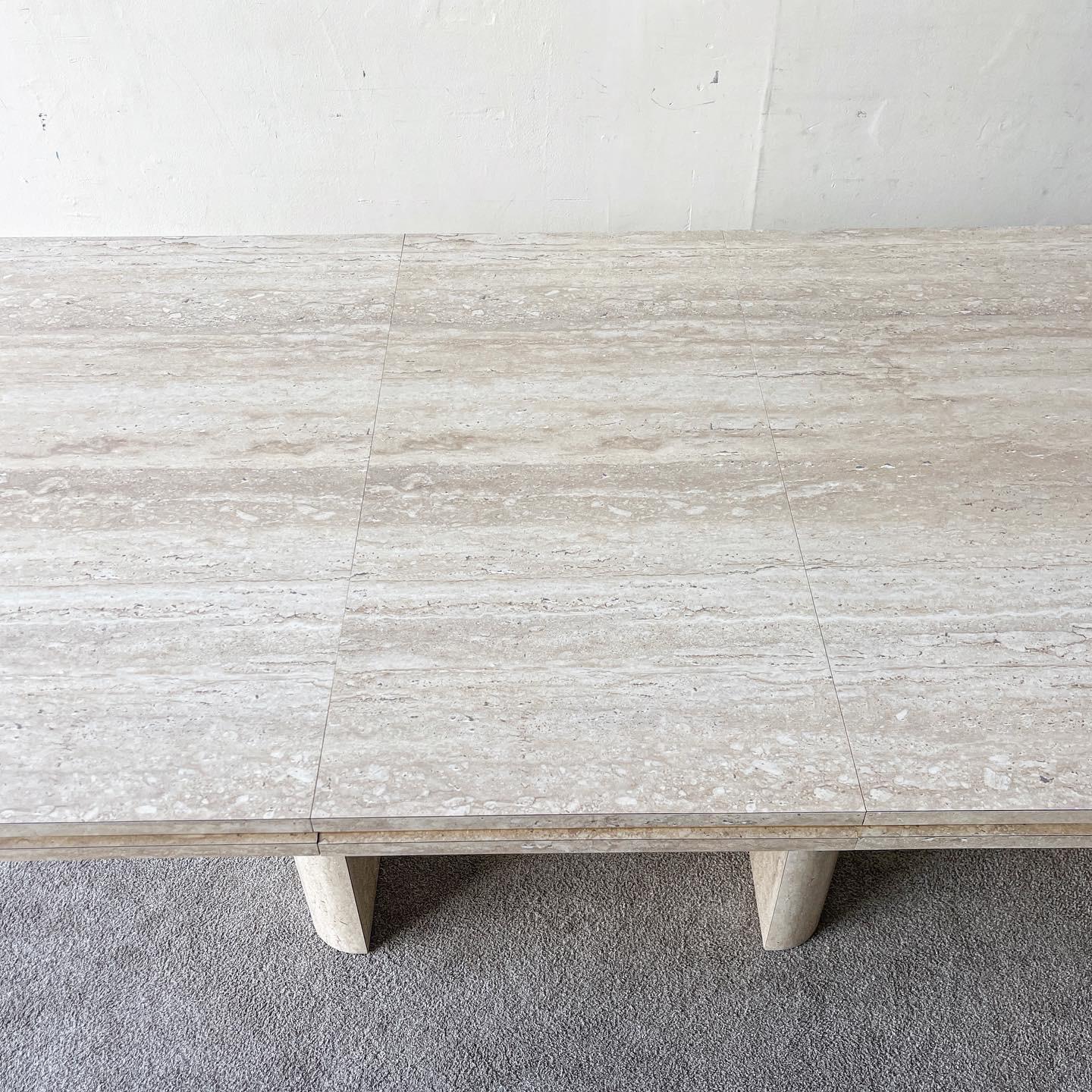 Late 20th Century Postmodern Faux Travertine Laminate Extendable Dining Table With Gold Trim