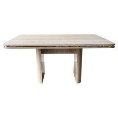 Vintage Postmodern Faux Travertine Laminate Extendable Dining Table With Gold Trim