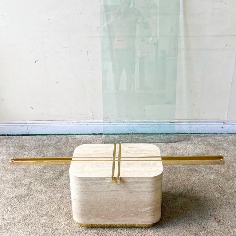 Postmodern Faux Travertine Laminate Glass Top Coffee Table For Sale at